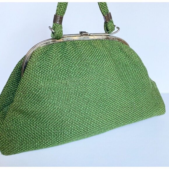 Vintage Wool Tweed Forest Green Textured Fabric Large Oval Top Handle Bag - Picture 1 of 11